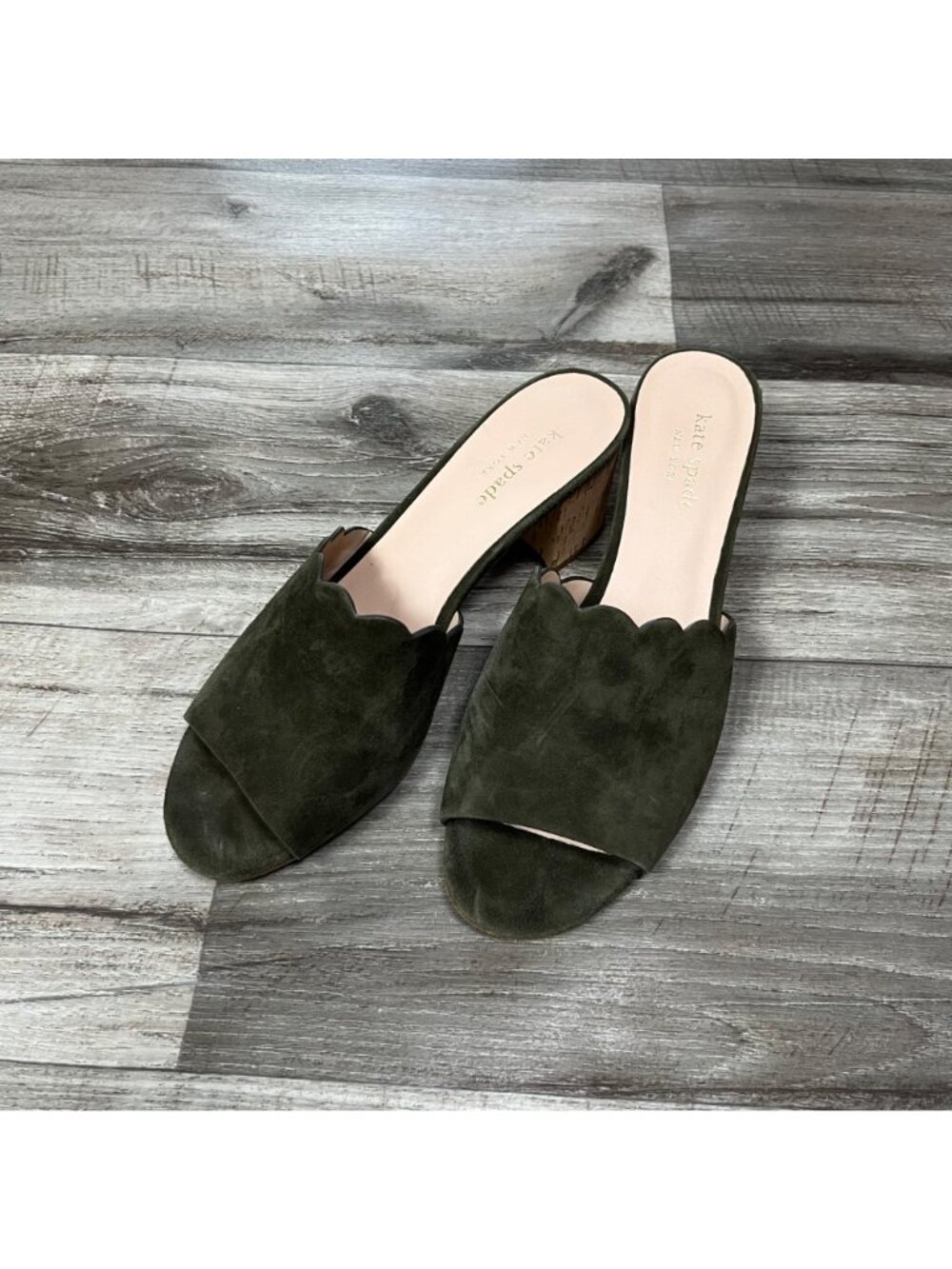 Kate Spade Warren Scalloped Heeled Mules Olive Green Women’s Size 8